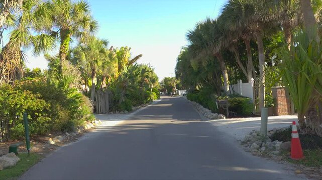 Driving on scenic road in sunny Florida. Casey Key coastal residential community picturesque streets.