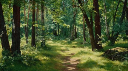 Obraz premium path through forest with dappled sunlight and green leaves, early summer