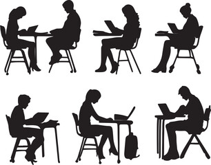 Silhouette Students Studying on Laptops: Education, Learning, College, University, Black & White