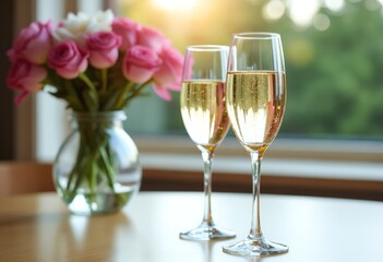 Two wine glasses filled with champagne sit on a table next to a vase of flowers. Concept of celebration and relaxation