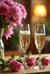 Two wine glasses filled with champagne sit on a table next to a vase of flowers. Concept of celebration and relaxation