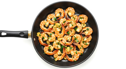 Roast Prawns Shrimps in a pan with herbs and garlic. Isolated, white background. Top view