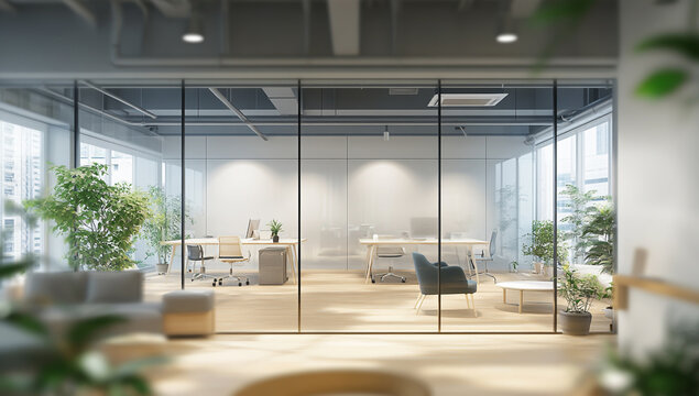 Modern office interior with glass partition and furniture