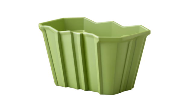 Olive green container with ridged walls, polygonal top, cut out transparent