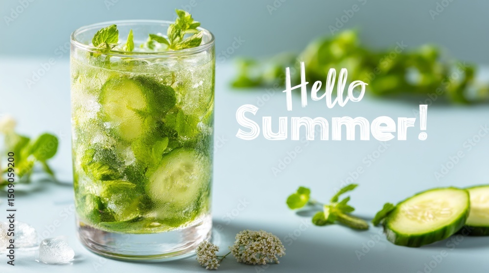 Poster a vibrant glass filled with a refreshing cucumber drink features slices of cucumber and mint leaves.