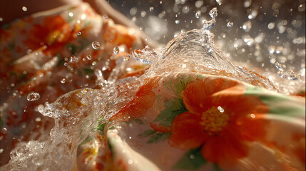 Splashing water over floral fabric in sunlight