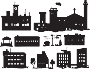 Silhouette Cityscape Vector: Buildings, Church, Clock Tower, Urban Landscape, Black and White Art