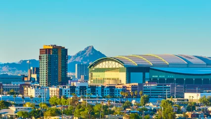 Acrylglasbilder Arizona Aerial Phoenix Downtown Skyline with High Rise Stadium and Mountain Golden Hour  © Nicholas J. Klein