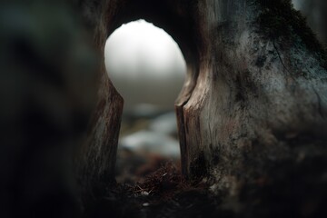 Obraz premium A close-up view of a hollow tree trunk with a circular opening revealing a blurred forest background and soft light filtering through.