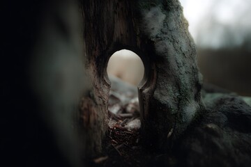 Obraz premium A close-up photograph of a tree stump with a naturally formed circular hole through which the blurred background is visible, creating an intriguing and mysterious atmosphere.