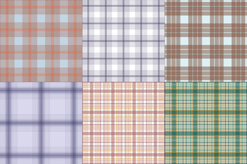 Multicolored vintage autumn plaid 6 pattern set - seamless tartan check fabric design for textile, fashion and digital backgrounds