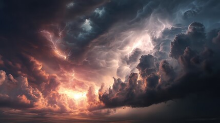 sunset sky turning stormy with distant thunderclouds and faint lightning