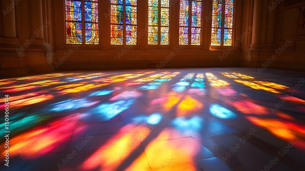 Poster Illuminating colors dance, an abstract theme emerges as light streams through stained glass, creating patterns on the floor, a symphony of colors creates a mesmerizing visual journey.