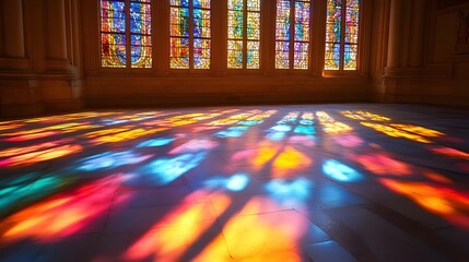 Illuminating colors dance, an abstract theme emerges as light streams through stained glass, creating patterns on the floor, a symphony of colors creates a mesmerizing visual journey.