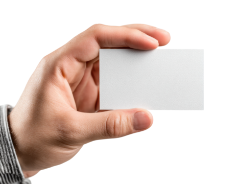 Hand holding blank business card professional environment view isolated on transparent background