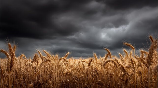 summer storm rolling in over field of wheat, dramatic light and wind