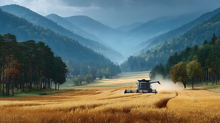 Naklejka premium Beautiful wheat farm harvest morning mist high resolution picture