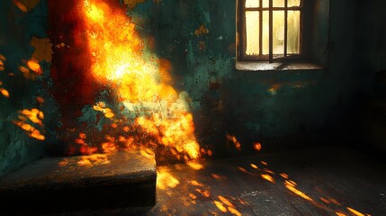 Captivating abstract scene: Sunlight streams through a barred window, casting vibrant patterns on a weathered teal wall and floor. Abstract theme blends light and texture. Moody and evocative scene.