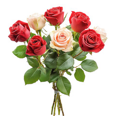 A delightful bouquet of red and pale pink roses, their velvety petals unfurling against a pure white canvas.