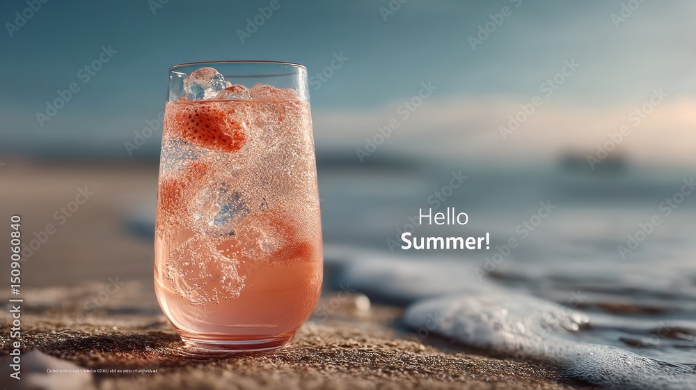 Poster a chilled drink filled with ice and strawberries sits on the sand near gentle waves. the sun shines 