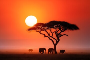 African Savanna at Sunset with Elephants and Acacia Tree Silhouetted Against a Dramatic Orange Sky
