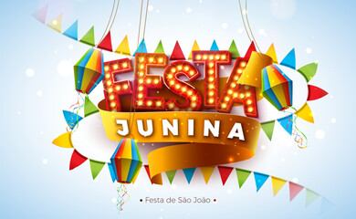 Festa Junina Illustration with Party Flags, Confetti and Light Bulb Billboard Letter on Yellow Background. Vector Brazil Sao Joao June Festival Design for Greeting Card, Banner or Holiday Poster.
