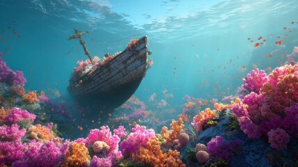 shipwreck overgrown with colorful corals and sponges, peaceful tropical scene