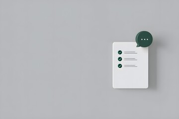 A minimalist 3D rendering of a white notepad with green checkmarks and a speech bubble icon on a gray background, suggesting communication or task completion.