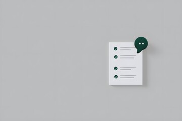 A minimalist design featuring a white document with bullet points and a green speech bubble icon on a light gray background, suggesting communication or feedback.