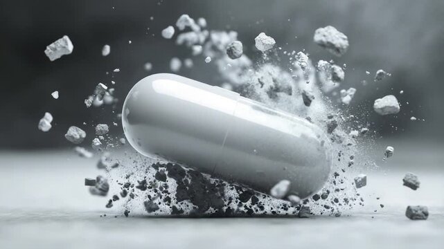 White capsule exploding with debris in a gray background
