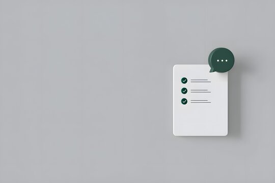 A minimalist 3D rendering of a white notepad with green checkmarks and a speech bubble icon on a gray background, suggesting communication or task completion.