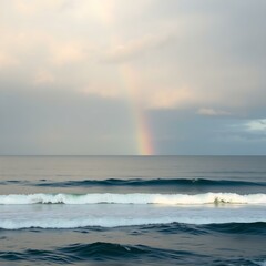 Rainbow over ocean horizon with soft waves and cloudy sky