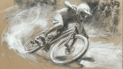 Illustration of a mountain biker in racing downhill. This image was created using AI generative technology.