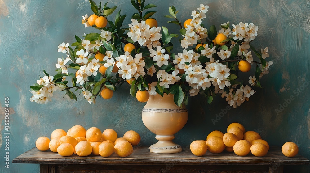 Poster a still life featuring a vase overflowing with white blossoms and vibrant oranges; arranged on a rus