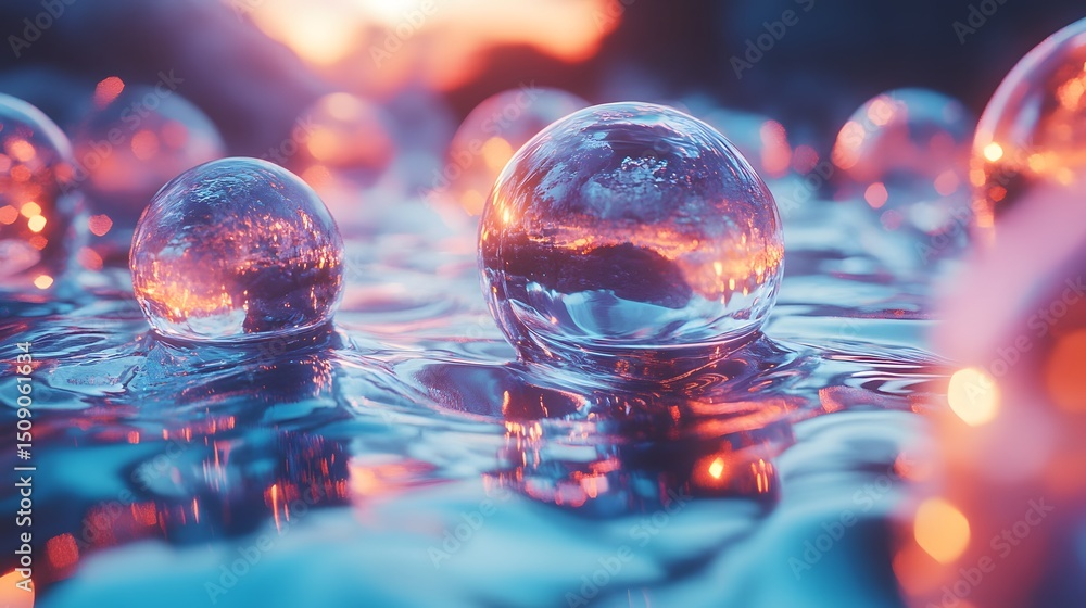 Poster Macro shot showcasing spherical crystal objects on the surface of water reflecting the glow, creating an artistic and ethereal feel, showcasing an abstract theme and visual harmony.