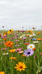 Wildflowers in green meadow under blue sky background