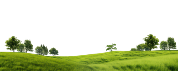 landscape with green grass hills and trees with sky isolated on white or transparent png