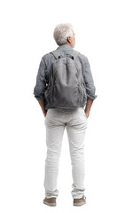 Fototapeta premium An elderly man with a gray beard and a backpack stands with his back to the camera. He's gazing off in the distance, capturing a sense of curiosity, adventure, and anticipation for his next journey.