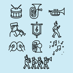 Marching band icons collection with instruments, musicians, drums, notes and parade formation in black line style