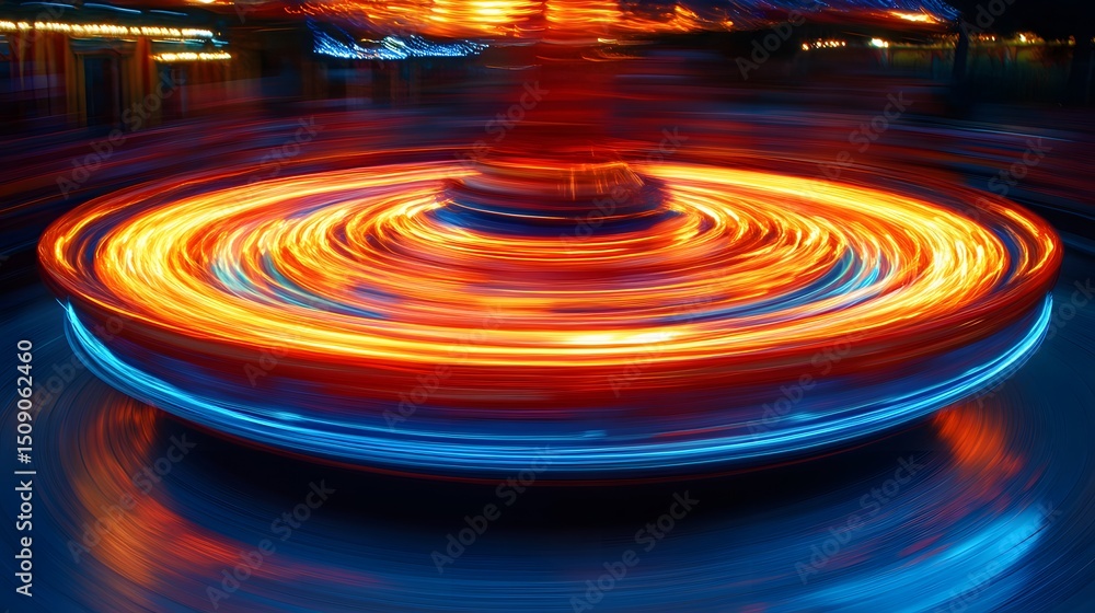 Poster Dynamic swirling lights create an abstract theme with energy. The vibrant orange and cool blue colors intertwine to form a mesmerizing pattern, ideal for backgrounds and designs.