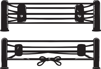 Black and White Boxing Ring Illustration: Sports, Combat, Competition, Corner Pads, Ropes, Vector Art