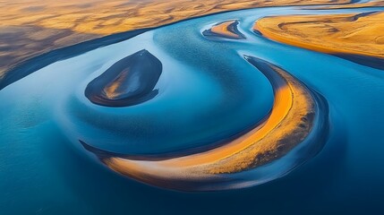 Aerial view featuring unique river patterns, forming an abstract and compelling visual. The interplay of blue waters and sand creates a captivating and serene aesthetic ideal for creative endeavors.
