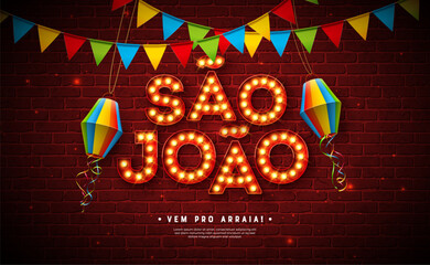 Festa Junina Illustration with Party Flags and Paper Lantern and Glowing Light Bulb Letter on Vintage Brick Wall Background. Vector Brazil June Sao Joao Festival Design with Typography for Banner