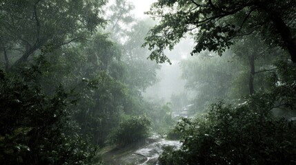 torrential rainstorm in tropical jungle, dense foliage and misty depth