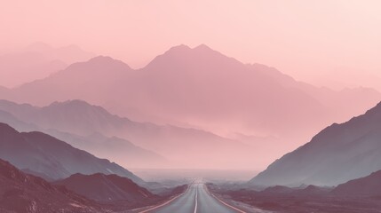 minimal desert landscape with single road vanishing into pink dusk haze, pastel tones