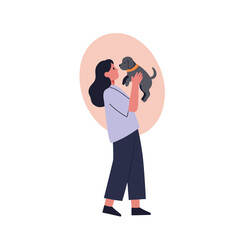 Woman lifting small dog with joy in a minimalist illustration  