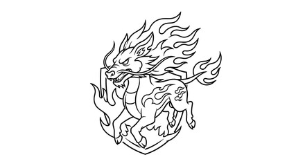 Fototapeta premium Chinese Dragon Runs Fire on Shield Line Art
