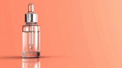 Naklejka premium clear serum bottle with dropper on mirrored surface and peach background, modern beauty look