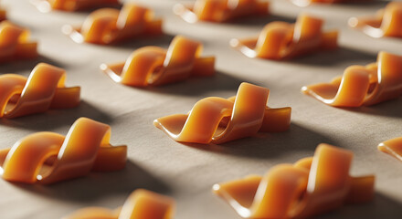 Close-up of intricately twisted caramel shapes arranged on parchment for dessert presentation