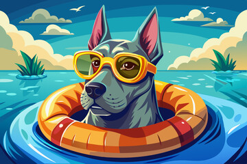 illustration Dog Relaxing in Water with Sunglasses and Inflatable Ring background